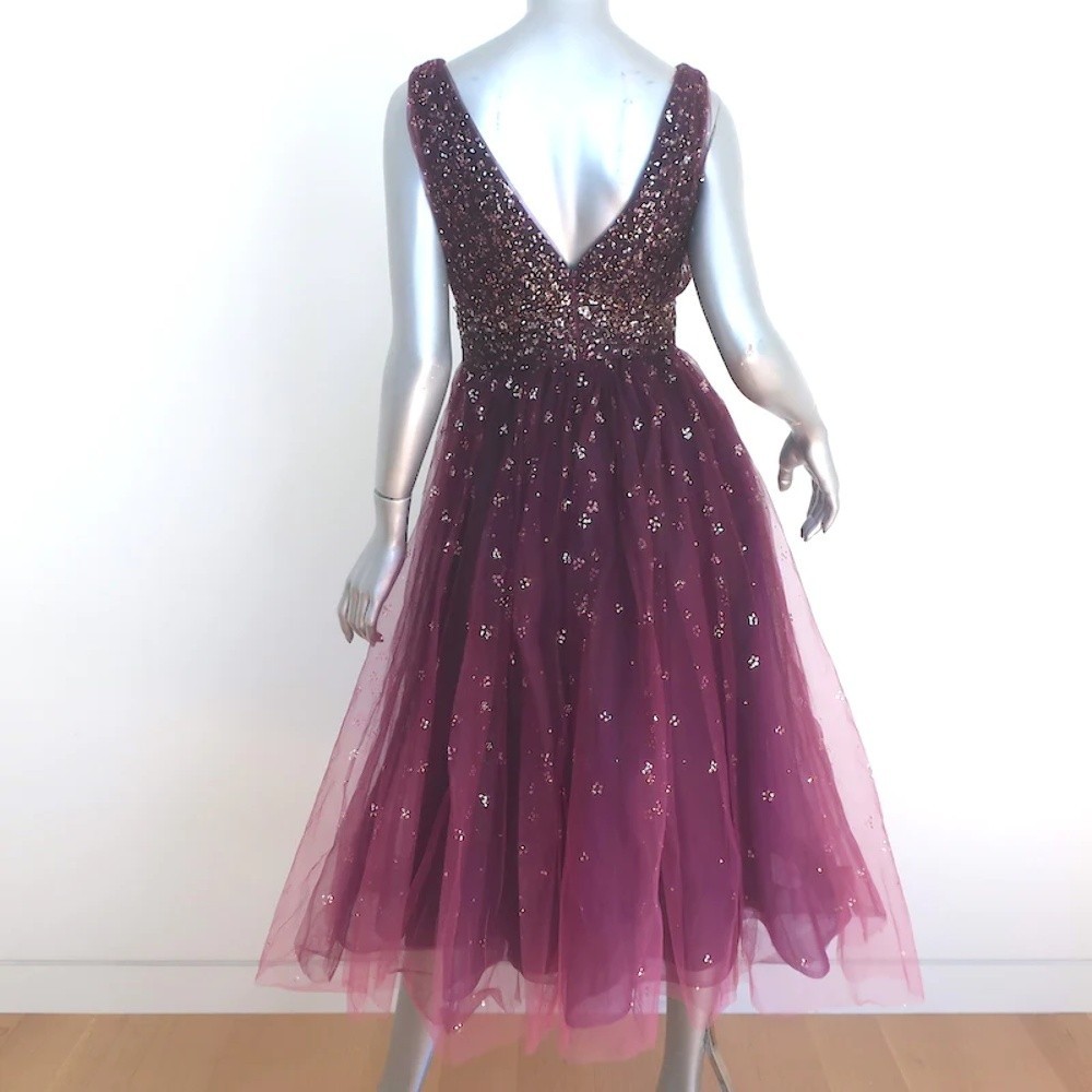 Marchesa Notte Ombre Glitter Tulle Dress Wine Size 12 Sleeveless V-Neck - Picture 5 of 8